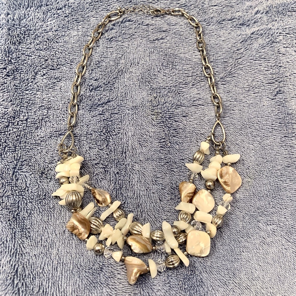 Silver tone, white and tan shell fashion necklace